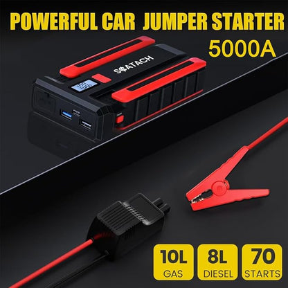 Scatach Jump Starter 5000A, 12V Car Battery Jump Starter Battery Pack (up to 10.0L Gasoline and 8.0L Diesel Engine), Portable Jump Box with Jumper Cable, LED Display, Flashlight