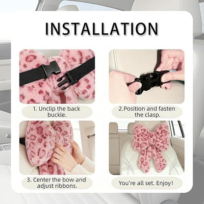 Sexysamba 2 Pcs Plush Bow Car Headrest Neck Pillow Cute Bow Pillow for Car Seat Décor Soft Neck Support for Comfortable Driving Traveling Office Fluffy Head Rest Cushion, Pink Leopard Print