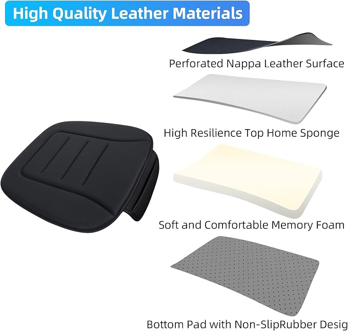 KAYI Car Seat Cushion, Comfort Memory Foam Car Cushions for Driving, Breathable Leather Surface with Anti Slip Rubber Bottom, Seat Cushion for Car and Office Chair (1 Pack, Black)