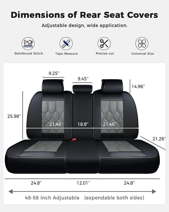 Huidasource Leather Car Seat Covers Full Set, Full Coverage Universal Fit for Most Cars SUVs Trucks, Easy Install with Velcro, Airbag Compatible, Retains Seat Functions & Cupholders, Black & Gray