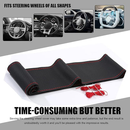 Wevdn Genuine Leather Steering Wheel Cover, Stitch on Wrap, DIY Sewing Steering Wheel Protector, 15 Inch Breathable Non-Slip Steering Wheel Protector, Car Accessories (Black&Red, Full Hole)
