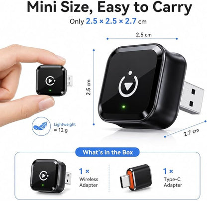 Wireless CarPlay Adapter for iPhone 8+ Latest Upgrade, Mini Wired to Wireless Car Play Adapter, Fast Low-Lag Auto-Connect Bluetooth CarPlay Dongle, Stable Connection, USB & Type-C for Cars