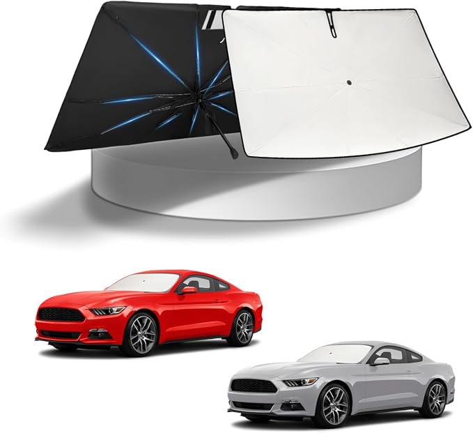 KUST Sun Shade Umbrella for 2015-2025 2026 Ford Mustang | Custom Fit Windshield Sunshade | Foldable Sunshade with Bendable Handle | Blocks Heat & UV Scratch Resistant Keep Car Cool Sunshield