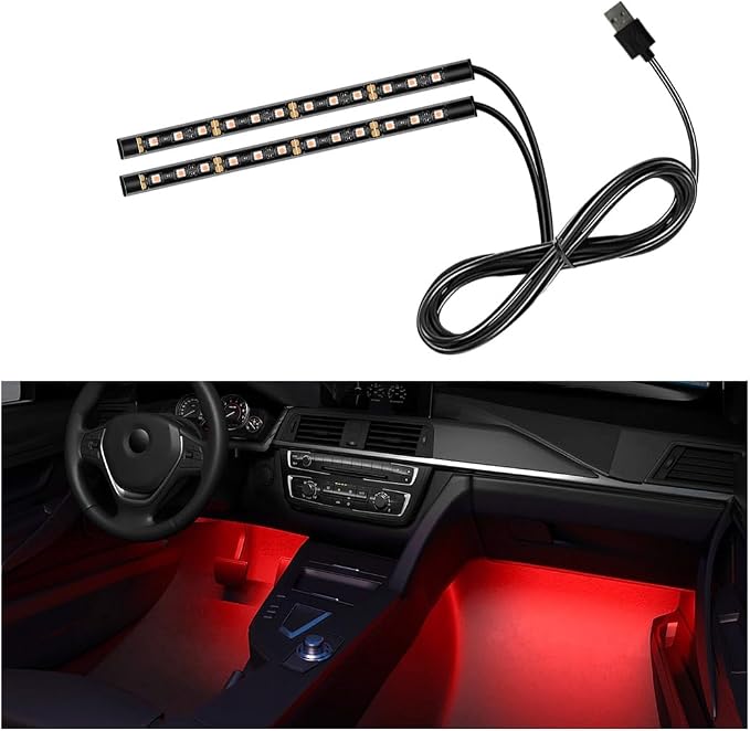 Car LED Strip Light, 24 LEDs RGB Neon Interior Atmosphere Lights, 12V Under Dash Ambient Night Light, USB Port Auto Interior Decorative Lamp, Universal Car Accessories (Red)