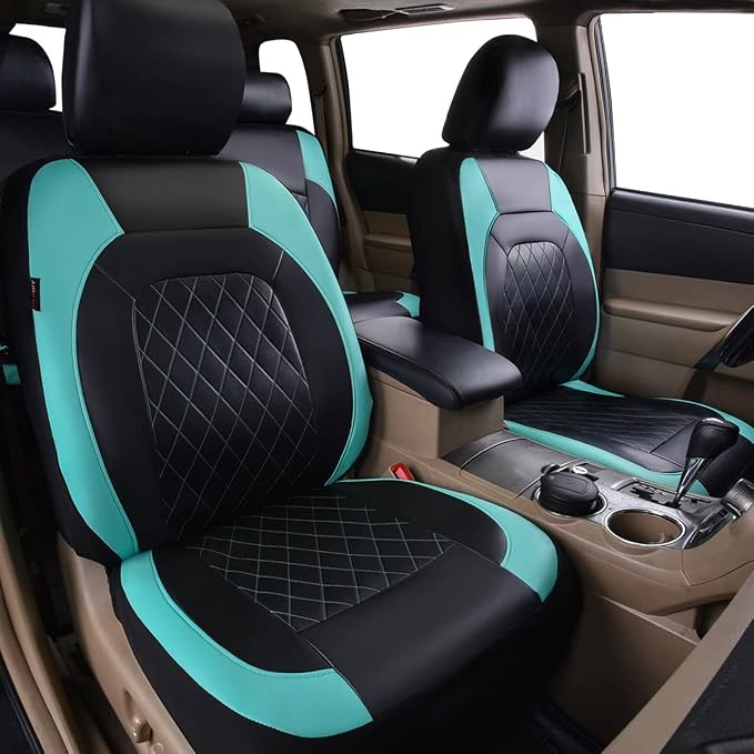 Universal Deluxe Pu Luxury Vinyl Faux Leather Car Seat Covers Two Front 6 Pieces Airbag Compatible Fit for Cars SUV Vehicles (Black and Mint)