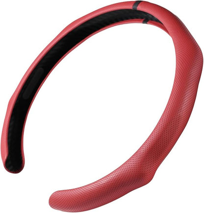 Quick Install Sporty Red Wine Burgundy Perforated Nappa Leather Steering Wheel Cover with Black Top Stripe Universal fit 14.5 to 15 inches Car Sedan SUV Pickup