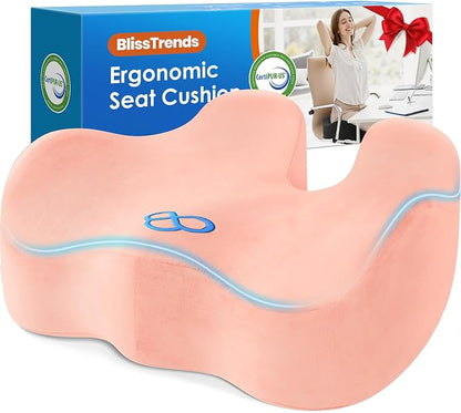 BlissTrends Extra Thick Seat Cushion for Office Chair & Car Seat, Pink | Tailbone & Sciatica Relief, Ergonomic Support, High-Density Memory Foam, Comfort for Extended Sitting
