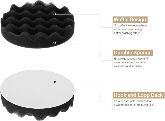 HARFINGTON 3pcs Buffing Sponge Pads 5" Polishing Wheel Waffle Finishing Grip Pad Car Buffer Polisher with Hook and Loop Back for Car Detailing Polishing Waxing, Black