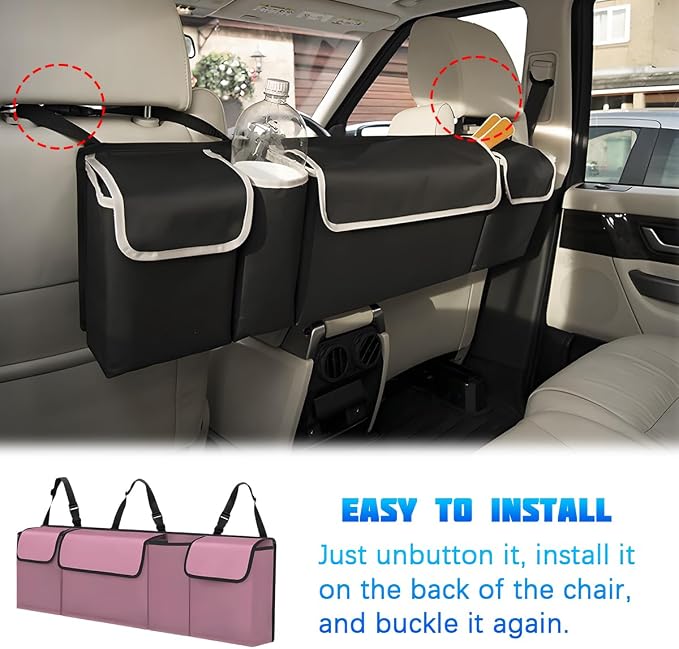 Car Trunk Organizer with Lid, Large Waterproof Vehicle Backseat Hanging Storage Bag with 4 Pockets & Adjustable Straps, Collapsible Automotive Interior Cargo Bag, Universal Fit (Pink)