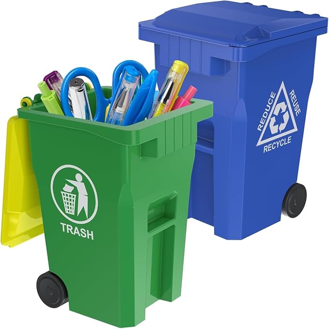 Wiosi Mini Garbage Trash Pen Holder for Desk, Pack of 2, Blue & Green, Tiny Recycle Bin Pencil Holder | Storage for Pencils & Pens | Office Stationery to Organize the Desk | Ideal for Student Work