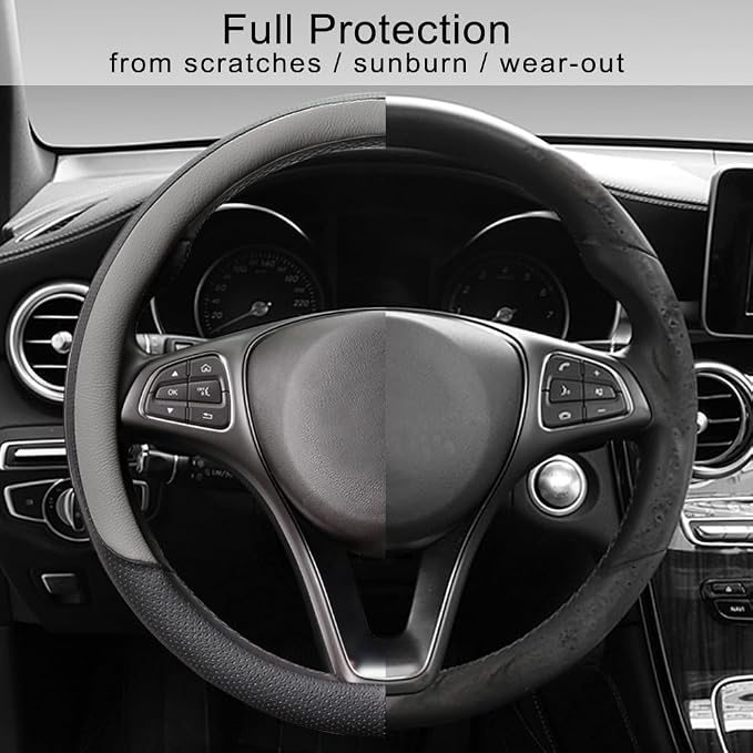 COFIT Breathable Steering Wheel Cover Microfiber Leather with Center Mark Design Universal Medium Size 14 1/2-15 Inch Gray and Black