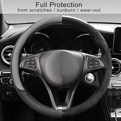 COFIT Breathable Steering Wheel Cover Microfiber Leather with Center Mark Design Universal Medium Size 14 1/2-15 Inch Gray and Black