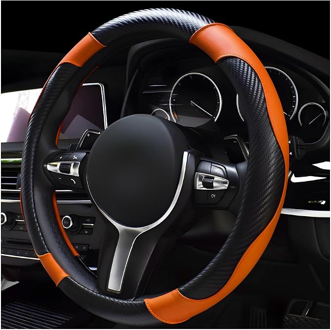 povtii Car Steering Wheel Cover, 15 Inch Leather Breathable Auto Steering Wheel Protector, Comfortable Non-Slip Vehicle Steering Wheel Covers, Universal Car Accessories (Orange, with Lining)