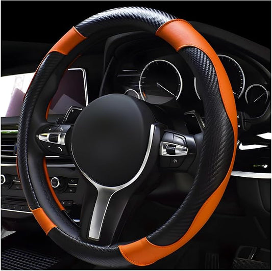 povtii Car Steering Wheel Cover, 15 Inch Leather Breathable Auto Steering Wheel Protector, Comfortable Non-Slip Vehicle Steering Wheel Covers, Universal Car Accessories (Orange, with Lining)