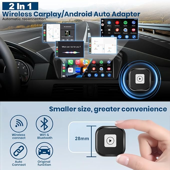 Mini 2-in-1 Wireless CarPlay & Android Auto Adapter for iOS 10+ & Android 11+, Plug & Play Dongle for USB/Type-C Port Converts Wired to Wireless, Fast Auto-Connect/Low Latency/Compact Design