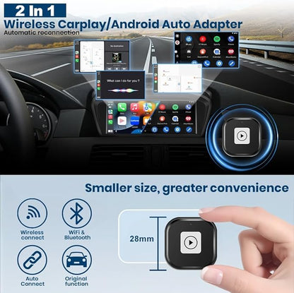 Mini 2-in-1 Wireless CarPlay & Android Auto Adapter for iOS 10+ & Android 11+, Plug & Play Dongle for USB/Type-C Port Converts Wired to Wireless, Fast Auto-Connect/Low Latency/Compact Design