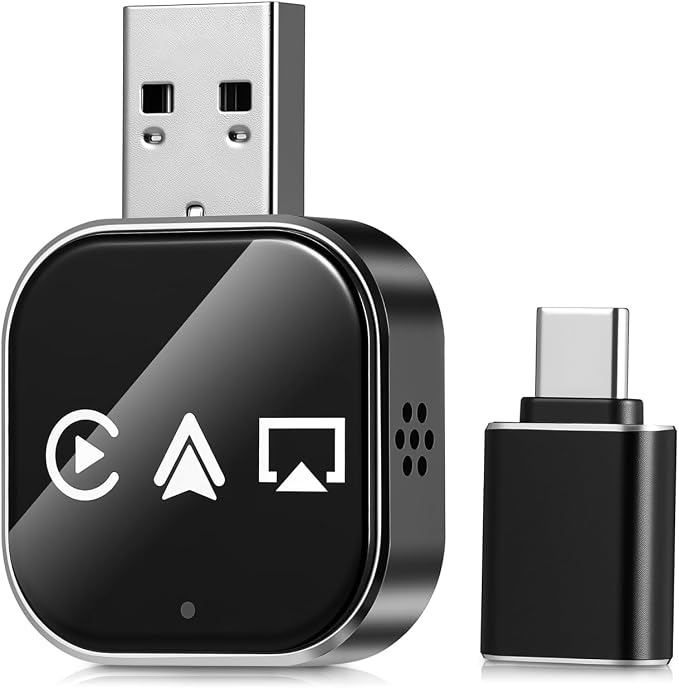Wireless Car Adapter 3-in-1 Auto Adapter Converts Wired to Wireless with USB a to C Connector Plug and Play for Stable Phone Connection Navigation and Voice Control