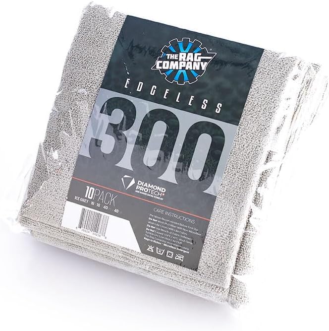 The Rag Company - Edgeless 300 - Microfiber Detailing Towels, Perfect for Removing Polishes, Sealants, and Glaze; Great for Interior Cleaning and Dirty Jobs; 300GSM, 16in x 16in, Ice Grey (10-Pack)