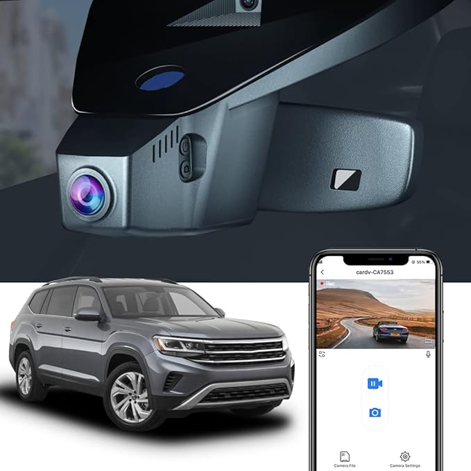 Fitcamx 4K Dash Cam Suitable for Volkswagen Atlas 2018-2026 (Model B, Wide Body Design) & Cross Sport 2020-2026, OEM Look, UHD 2160P Video, WiFi & APP, Loop Recording, Parking Sensor, Plug&Play, 64GB