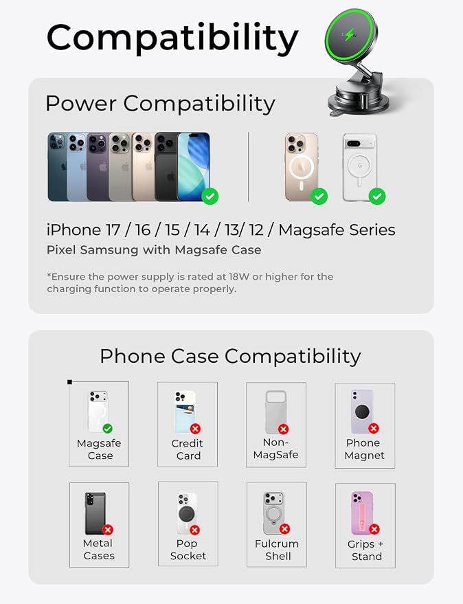 LISEN for 15W Magsafe Car Mount Charger, Magnetic Phone Holders for Your Car, Magnetic Wireless Car Charger, Suction Phone Mount for Car Accessories, Car Mount for iPhone 17 Pro Max 16 15 14 13 12 | [Lever Lock & Easiest Mount] Magsafe Car Mount Charge...