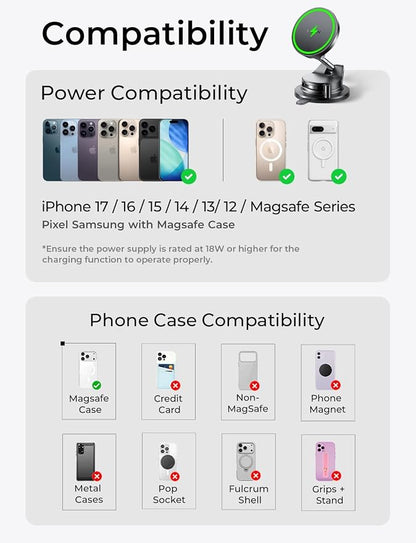 LISEN for 15W Magsafe Car Mount Charger, Magnetic Phone Holders for Your Car, Magnetic Wireless Car Charger, Suction Phone Mount for Car Accessories, Car Mount for iPhone 17 Pro Max 16 15 14 13 12 | [Lever Lock & Easiest Mount] Magsafe Car Mount Charge...