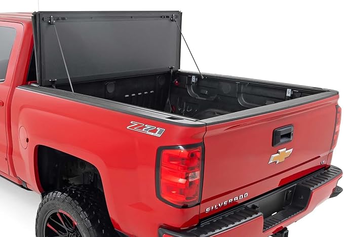 Rough Country Hard Tri-Fold Truck Bed Tonneau Cover for Chevy Silverado & GMC 1500/2500HD/3500HD (2014-2019) - Aluminum Flip-Up Bed Cover, Fits 6'7 (78.8-78.9") Bed w/Rail Caps