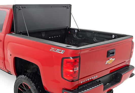 Rough Country Hard Tri-Fold Truck Bed Tonneau Cover for Chevy Silverado & GMC 1500/2500HD/3500HD (2014-2019) - Aluminum Flip-Up Bed Cover, Fits 6'7 (78.8-78.9") Bed w/Rail Caps