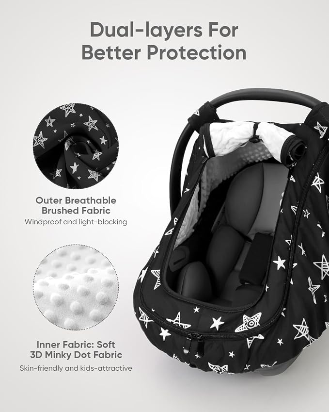 Car Seat Cover Baby Boy, Infant Car Seat Canopy Outdoor, 2 Layers with Mesh and Sun Shade Window for Summer Winter, Easy Access Carseat Covers Snug Fit Baby Stroller - Black Star