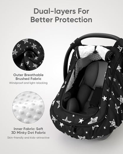 Car Seat Cover Baby Boy, Infant Car Seat Canopy Outdoor, 2 Layers with Mesh and Sun Shade Window for Summer Winter, Easy Access Carseat Covers Snug Fit Baby Stroller - Black Star