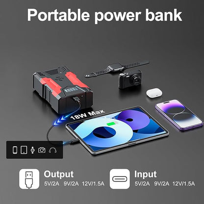 Portable Car Jump Starter with Air Compressor, 3000A Car Battery Booster (9.0L Gas/6.5L Diesel) with 150PSI Auto-Shutoff Tire Inflator, 12V Supersafe Lithium Jump Box Car Battery Jumper Starter