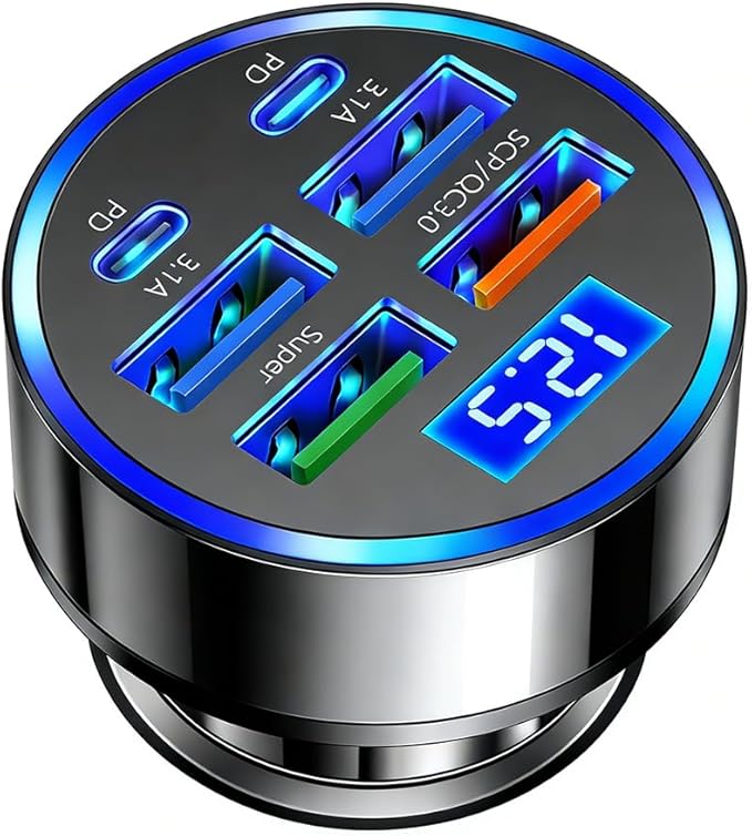 USB C Car Charger Adapter with Voltmeter Compatible with iPhone 16 15 14 13 12 11, Android, Samsung, Super+ QC3.0 6 in 1 Multi-Port Super Fast Charging Cigarette Lighter USB Charger