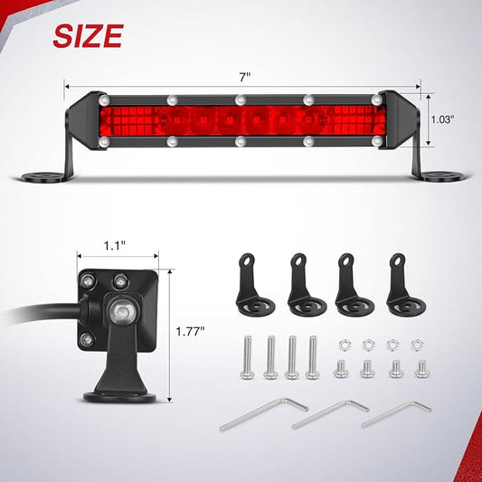 Nilight Slim LED Light Bar 2Pcs 7 Inch 16LED Single Row Spot Flood Combo Red Off Road Driving Fog Fishing Hunting Emergency Safety Signal Lighting for 12V 24V ATV UTV Pickup Truck Boat Forklift