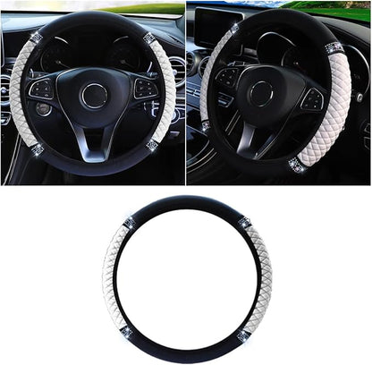 Bling Soft Leather Steering Wheel Cover, 15 Inch Colorful Rhinestones Auto Elastic Protector with Crystal Diamond for Women Girls, Car Accessories for Most Cars, SUVs (White)