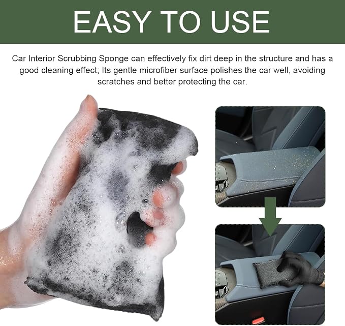 2PCS Car Interior Scrubbing Sponge, Scrub Pads Car Detailing, 5.9'' x 3.5'' Microfiber Auto Interior Cleaning Scrub Applicator, Auto Wash Sponge Pad for Vehicles Leather Plastic (Gray Black)