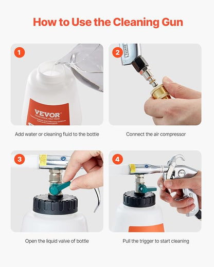 VEVOR Car Cleaning Gun, 6-9.2 Bar High-Pressure Air Blow Gun with 2 Set Nozzles & 1L Liquid Bottle, Vortex Cleaning Gun, Quickly Blasts Dirt and Dust from Surface, Work with 1/4 NPT Air Compressor