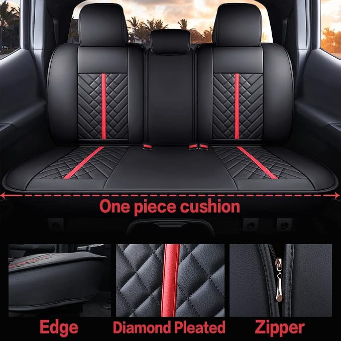 Tomatoman Tacoma Rear Seat Covers Compatible with Toyota Tacoma 2005-2025 2026 TRD Sport OffRoad Limited SR5 V6 Crew Double Extended Cab Truck Waterproof Leather Back Car Cushions(Rear Seat/Black-Red)