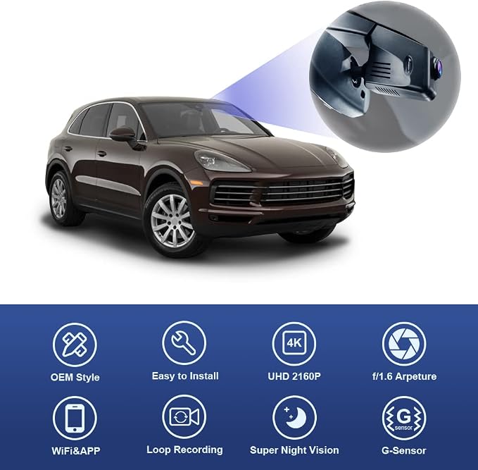 Fitcamx 4K Dash Cam Suitable for Porsche Macan 95B Panamera 970 Cayenne 958 92A E2 (Model B), OEM Factory Look, 2160P UHD Video, Built-in WiFi & APP, Loop Recording, G-Sensor, Easy to Use, 64GB Card