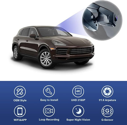 Fitcamx 4K Dash Cam Suitable for Porsche Macan 95B Panamera 970 Cayenne 958 92A E2 (Model B), OEM Factory Look, 2160P UHD Video, Built-in WiFi & APP, Loop Recording, G-Sensor, Easy to Use, 64GB Card