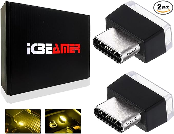 ICBEAMER Type C Adapters Atmosphere Light 2-Pack (Yellow) | Universal Plug-in Miniature LED Night Light for Car Interior and Trunk Ambient Lighting Solution