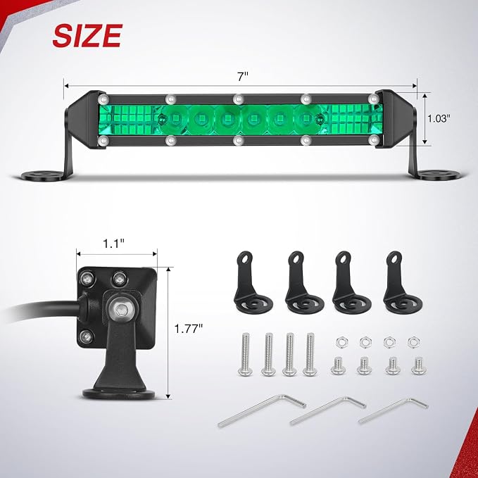 Nilight Slim LED Light Bar 2Pcs 7 Inch 16LED Single Row Spot Flood Combo Green Off Road Driving Fog Fishing Hunting Lighting for 12V 24V ATV UTV Pickup Truck Tractor Boat