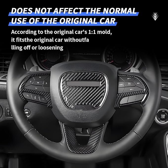Carbon Fiber Style Car Steering Wheel Trim Cover Panel for Dodge Challenger Charger 2015-2023 and Dodge Durango 2014-2020 Auto Interior Decorations Accessories Center Console Protection Covers