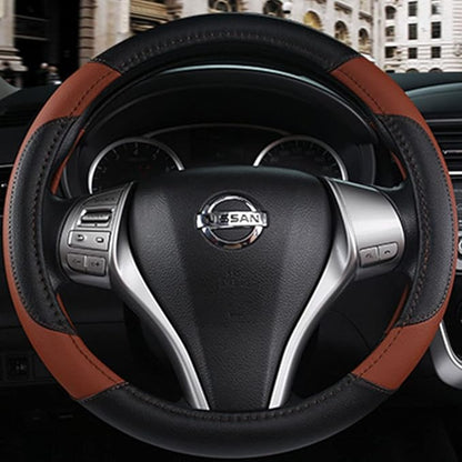 Leather Car Steering Wheel Cover, Non-Slip Car Wheel Cover Protector Breathable Microfiber Leather Universal Fit for Most Cars(Brown)