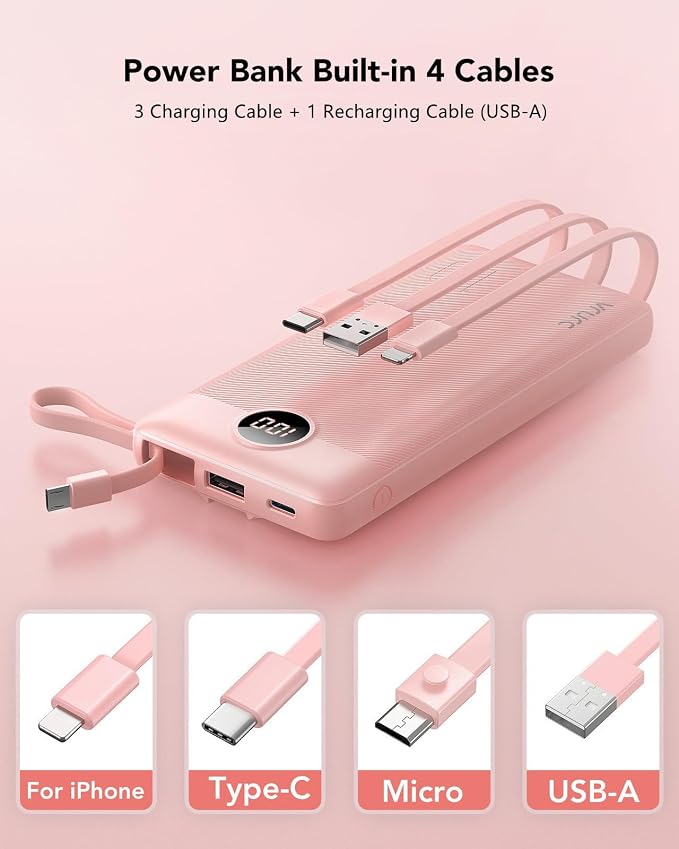 VRURC Portable Charger Power Bank, Built-in 4 Cables & 2 Ports,10000mAh Slim Battery Pack with LED Display, Travel Essential USB C Portable Phone Charger for All Cell Phones Devices-Pink(1 Pack)