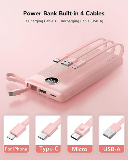 VRURC Portable Charger Power Bank, Built-in 4 Cables & 2 Ports,10000mAh Slim Battery Pack with LED Display, Travel Essential USB C Portable Phone Charger for All Cell Phones Devices-Pink(1 Pack)