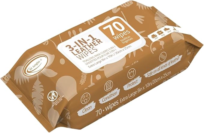 Air Jungles 3in1 Leather Cleaner Wipes 70 Count, Extra Large 8" x 10" Size, Clean Condition Protect Wipes for Vinyl and Leather Apparel Furniture Auto Car Interior Shoes Boots Bags