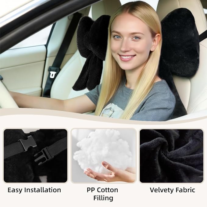 Sexysamba 2 Pcs Plush Bow Car Headrest Neck Pillow Cute Bow Pillow for Car Seat Décor Soft Neck Support for Comfortable Driving Traveling Office Fluffy Head Rest Cushion, Black