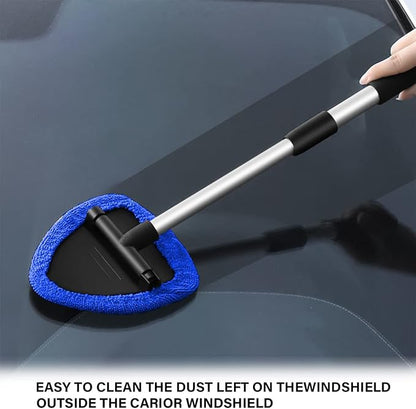 Windshield Cleaning Tool, Car Window Cleaner with 4 Washable Reusable Microfiber Pads, Extendable Long Handle Glass Wiper Cleaning Kit, Auto Accessories Universal for Office and Home (Blue)