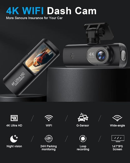 Dash Cam 4K Front, Ultra HD Dash Camera for Cars, 1.47''IPS Screen Mini Car Camera with APP Control, Built-in Wi-Fi & G-Sensor, 24H Parking Mode, Night Vision, WDR, Loop Recording, Support 256GB Max