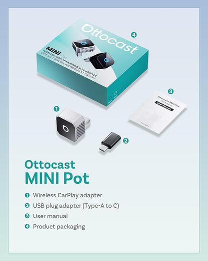 OTTOCAST Mini Pot 2025 2-in-1 Wireless CarPlay & Android Auto 2-in-1 Adapter, Plug & Play, 5GHz WiFi, Auto Connect for iPhone & Android, Fits 98%+ OEM Wired CarPlay Cars