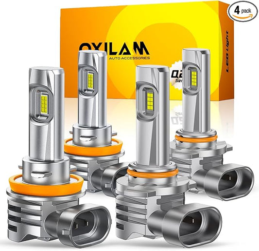 OXILAM H11/H9/H8 and 9005/HB3 Light Bulbs Combo, 58,000LM Wider Driving Vision, 1:1 Design 9005 H11 LED lights, True Plug & Play, Pack of 4